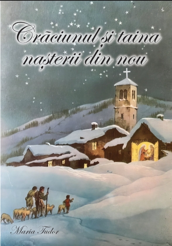 peisaj de Craciun cu o biserica inzapezita la marginea unui sat